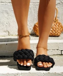 HT EN BLOOM | WOVEN BRAIDED UPPER SLIDES - BLACK