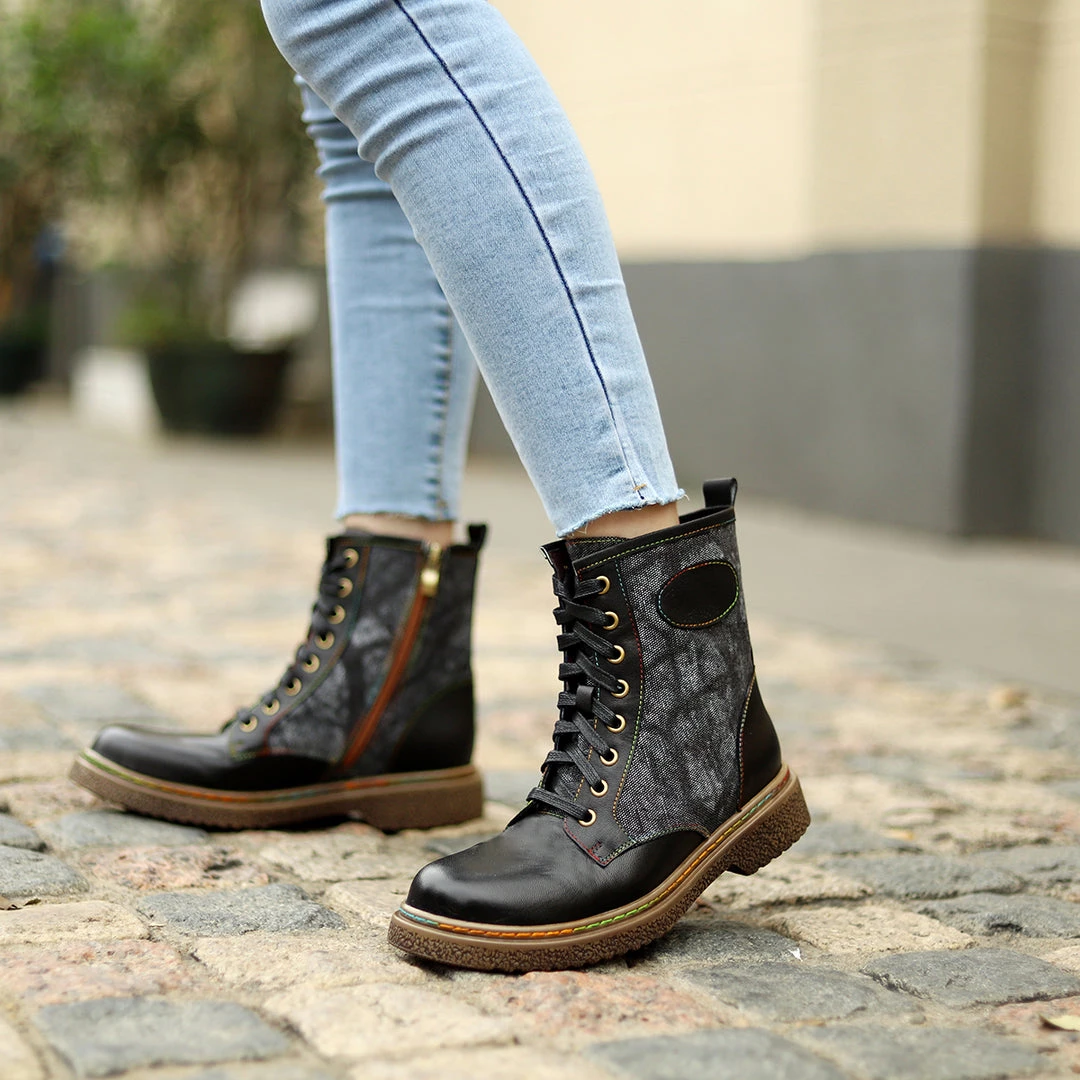 Tie Dye-Contrast Genuine Leather Combat Boots Ankle Boots - Soffia Shoes 11 Tie Dye-Contrast Genuine Leather Combat Boots Ankle Boots - Soffia Shoes