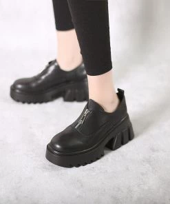 Jady Rose JadyRose | Chunky Heel Pure Zipper Genuine Leather Sneaker - Black NEW ARRIVALS