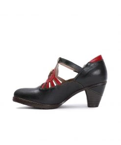 RXD NEW ARRIVALS SOFFIA | Black Genuine Leather Cut Out Vintage Mary Jane Heeled Pumps
