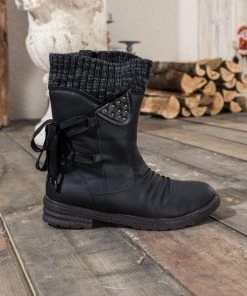 YL En Bloom | Black Ruched Back Tie-Accent Flat Comfy Combat Boots New In Shoes