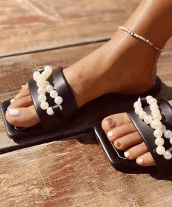 HT NEW ARRIVALS En Bloom | Black Pearl Chain Slides Flat Sandals