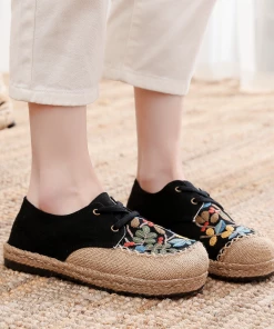 TC Cactus Rose | Playground Embroidered Linen Boat Shoes - Black NEW ARRIVALS