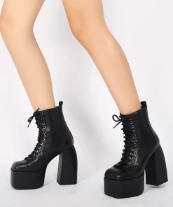 Jady Rose JadyRose | Genuine Leather Chunky Heel Lace-Up Black Platform Chelsea Boots New In Shoes