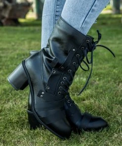 YL En Bloom | Black Patch Work Lace UpHeel Ankle Combat Boots New In Shoes