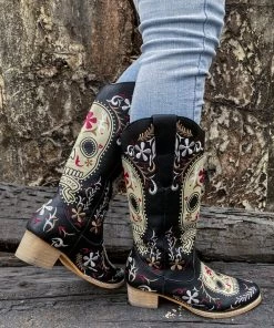 YL New In Shoes En Bloom | Floral Sugar Skull Cowboy Knee Boots - Black