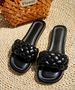 HT En Bloom | Black Matte Braided Slides Flat Sandals