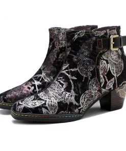 Buckle Strappy Silver Floral Velvet Ankle Boots Heel Boots -Soffia Shoes