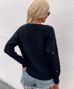 MY Smaibulun | Black Low V-neck Daisy Embroidered Knit Sweater New In Clothing 12 MY Smaibulun | Black Low V-neck Daisy Embroidered Knit Sweater New In Clothing