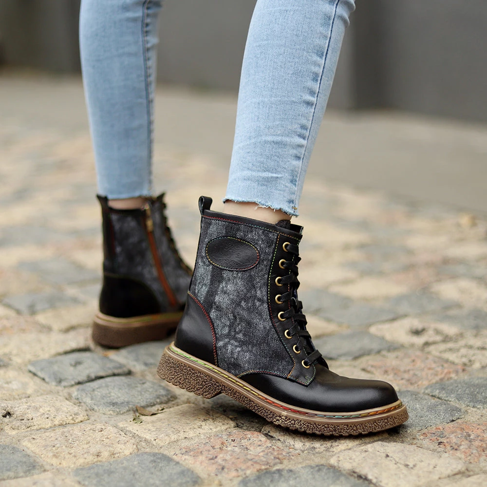 Tie Dye-Contrast Genuine Leather Combat Boots Ankle Boots - Soffia Shoes 12 Tie Dye-Contrast Genuine Leather Combat Boots Ankle Boots - Soffia Shoes