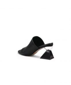 Jady Rose JadyRose | Black Triangular-Crystal Mid Heel Leather Open Toe Mules Sandals