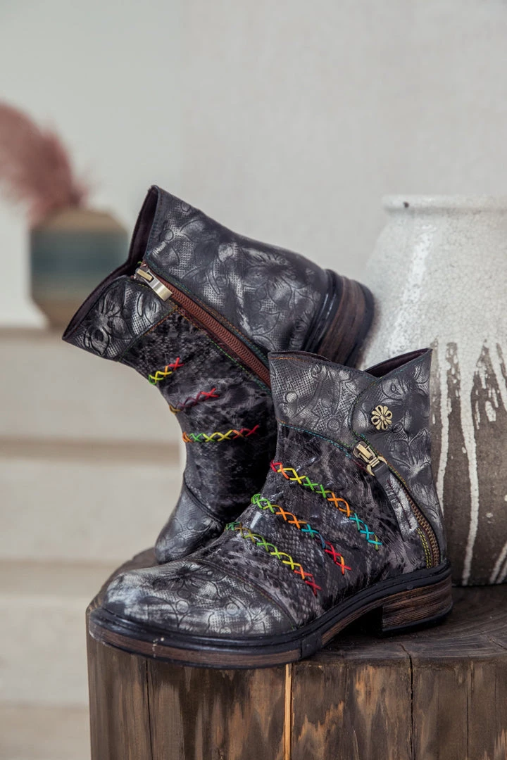 SOFFIA | Genuine Leather Rainbow Stitch Floral Embossed Ankle Boots NEW ARRIVALS 7 SOFFIA | Genuine Leather Rainbow Stitch Floral Embossed Ankle Boots NEW ARRIVALS