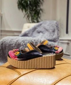 JF SOFFIA | Genuine Leather Black Ribbed-Sole Tri-Floral Appliqued Clogs 14 JF SOFFIA | Genuine Leather Black Ribbed-Sole Tri-Floral Appliqued Clogs