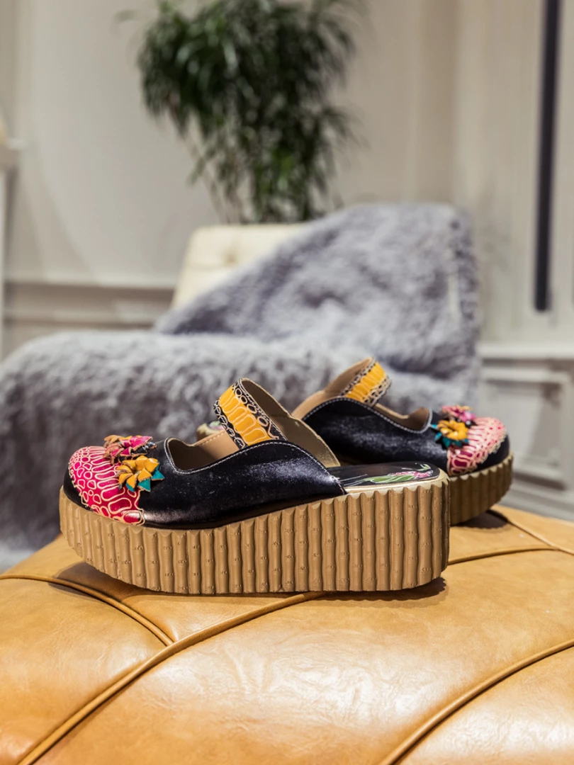 JF SOFFIA | Genuine Leather Black Ribbed-Sole Tri-Floral Appliqued Clogs 7 JF SOFFIA | Genuine Leather Black Ribbed-Sole Tri-Floral Appliqued Clogs