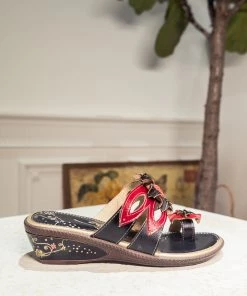 JF SOFFIA | Genuine Leather Ring Toe Floral Appliqued Flat Flip Flop Sandals - Black