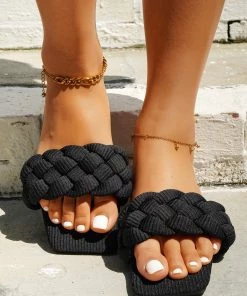HT EN BLOOM | WOVEN BRAIDED UPPER SLIDES - BLACK