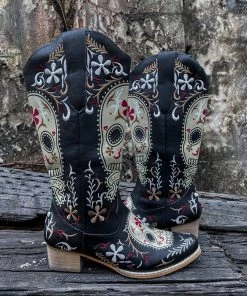 YL New In Shoes En Bloom | Floral Sugar Skull Cowboy Knee Boots - Black