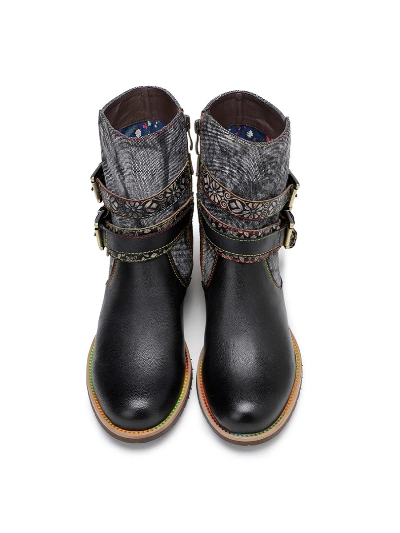 SOFFIA | Genuine Leather Gold Floral Embossed Strap Moto Boots 6 SOFFIA | Genuine Leather Gold Floral Embossed Strap Moto Boots