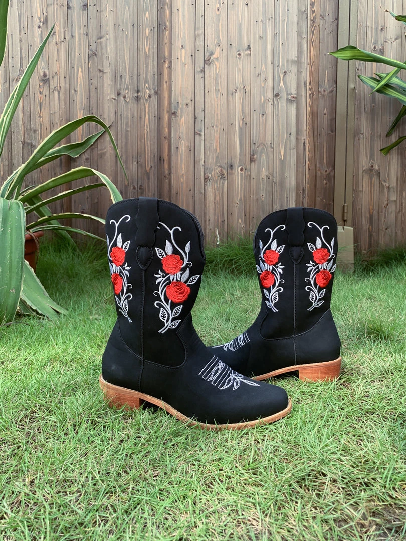 YL En Bloom | Black Rose Embroidered Floral Cowboy Heel Boots 7 YL En Bloom | Black Rose Embroidered Floral Cowboy Heel Boots