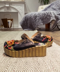 JF SOFFIA | Genuine Leather Black Ribbed-Sole Floral Appliqued Platform Sandals Clogs 14 JF SOFFIA | Genuine Leather Black Ribbed-Sole Floral Appliqued Platform Sandals Clogs