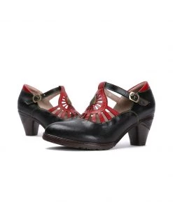 RXD NEW ARRIVALS SOFFIA | Black Genuine Leather Cut Out Vintage Mary Jane Heeled Pumps