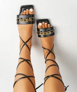 HT EN BLOOM | GOLD CHAIN UPPER GLADIATOR BLACK New In Shoes