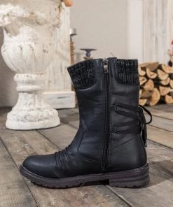YL En Bloom | Black Ruched Back Tie-Accent Flat Comfy Combat Boots New In Shoes
