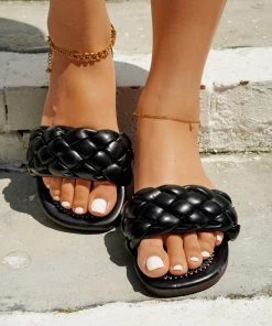 HT En Bloom | Black Matte Braided Slides Flat Sandals