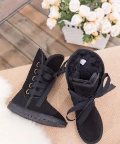 XH SMAIBULUN UGG™ | Black Ribbon Lace-Up Faux Fur-Lined Suede Boots New In Shoes