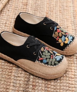 TC Cactus Rose | Playground Embroidered Linen Boat Shoes - Black NEW ARRIVALS