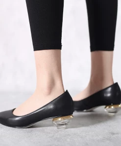 Jady Rose JadyRose | Genuine Leather Black & Crystal Bowl-Heel Pump