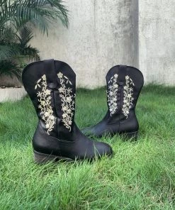 YL En Bloom | Black Lipper Floral Embroidered Cowboy Heel Boots