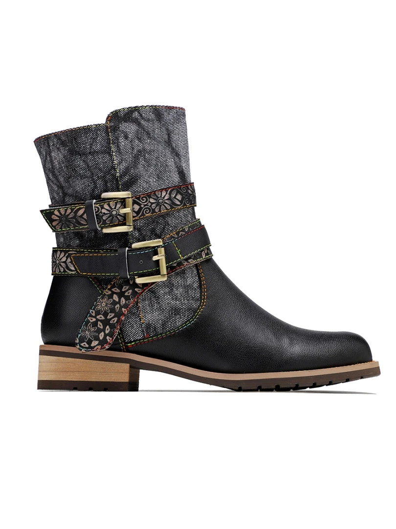 SOFFIA | Genuine Leather Gold Floral Embossed Strap Moto Boots 7 SOFFIA | Genuine Leather Gold Floral Embossed Strap Moto Boots
