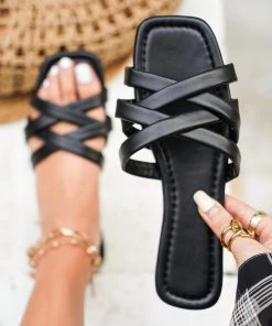 HT En Bloom | Black Criss Cross Flat Sole Slide New In Shoes