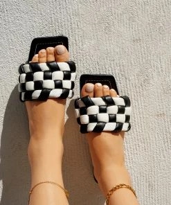HT En Bloom | NADINA BLACK WHITE CHECK BRAIDED SLIDES Flat Sandals NEW ARRIVALS