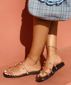 HT En Bloom | Black Rhinestone Deco Strap Flat Sandals Slides