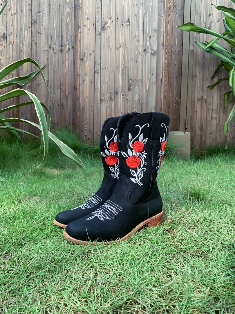 YL En Bloom | Black Rose Embroidered Floral Cowboy Heel Boots 8 YL En Bloom | Black Rose Embroidered Floral Cowboy Heel Boots