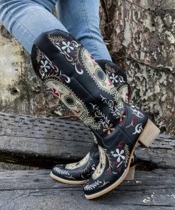 YL New In Shoes En Bloom | Floral Sugar Skull Cowboy Knee Boots - Black