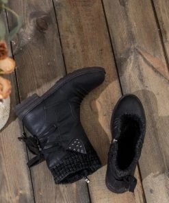 YL En Bloom | Black Ruched Back Tie-Accent Flat Comfy Combat Boots New In Shoes