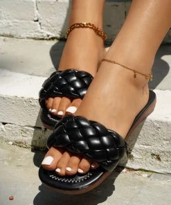 HT En Bloom | Black Matte Braided Slides Flat Sandals