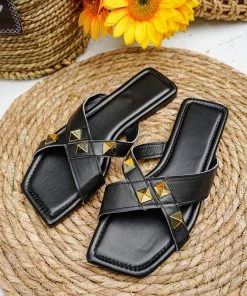 HT NEW ARRIVALS EN BLOOM | TALYA RIVET CRISS CROSS SLIDE BLACK