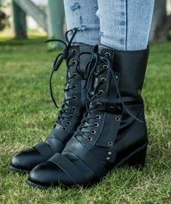 YL En Bloom | Black Patch Work Lace UpHeel Ankle Combat Boots New In Shoes