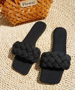 HT EN BLOOM | WOVEN BRAIDED UPPER SLIDES - BLACK