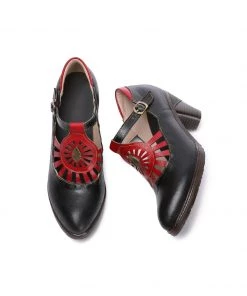 RXD NEW ARRIVALS SOFFIA | Black Genuine Leather Cut Out Vintage Mary Jane Heeled Pumps