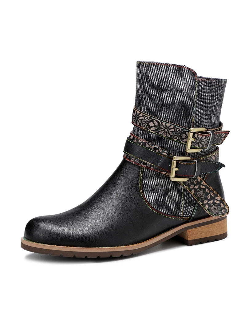 SOFFIA | Genuine Leather Gold Floral Embossed Strap Moto Boots 8 SOFFIA | Genuine Leather Gold Floral Embossed Strap Moto Boots
