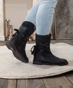 YL En Bloom | Black Ruched Back Tie-Accent Flat Comfy Combat Boots New In Shoes