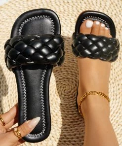 HT En Bloom | Black Matte Braided Slides Flat Sandals
