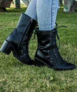 YL En Bloom | Black Patch Work Lace UpHeel Ankle Combat Boots New In Shoes