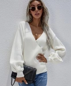 MY New In Clothing Smaibulun | Lantern-Sleeve V-Neck Wrap Knit Top - White