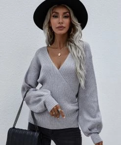 MY Smaibulun | Lantern-Sleeve V-Neck Wrap Knit Top - Grey New In Clothing 9 MY Smaibulun | Lantern-Sleeve V-Neck Wrap Knit Top - Grey New In Clothing